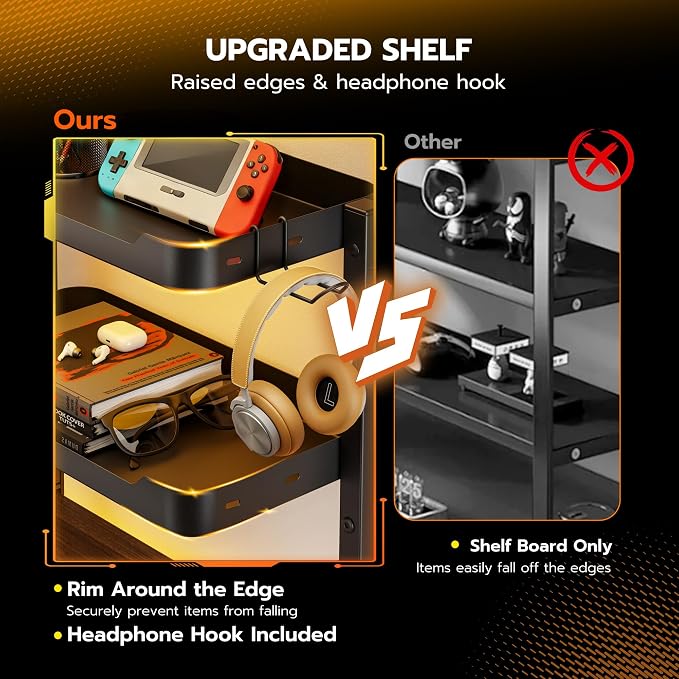 ARES WING 2-Tier 16 inch Clamp On Desk Shelf, Above or Under Desk Storage | Adjustable Desktop Organizer Shlef Holds 66 lbs Heavy Duty, with Headphone Holder for Working and Gaming Accessories, Black - Image 5