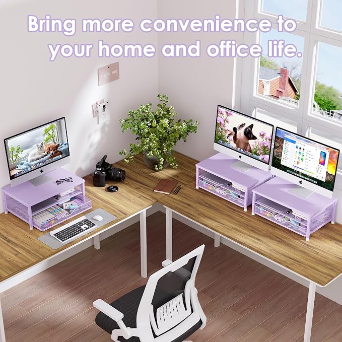 Computer Monitor Stand Riser, Desk Organizer with Drawer, Printer & Laptop Stand, Office Desk Accessories & Workspace Desktop Organizers Storage for Office Supplies(Purple) - Image 4