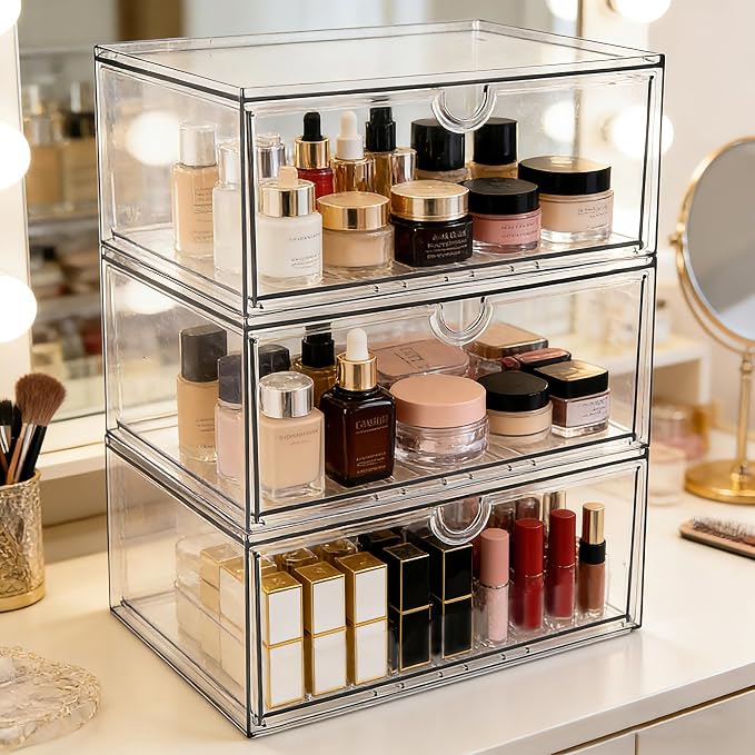 Prsildan Acrylic Makeup Organizer, 3 Pack Stackable Clear Storage Drawers for Baby Bottles Desk Organizers with 3 Drawers for Countertop Vanity Nursery Modular System for Cosmetics Jewelry - Image 2