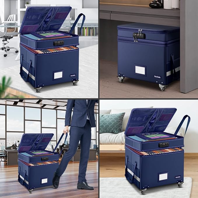 DocSafe File Box with Lock, 2-Layer Fireproof Document Box with Wheels,Collapsible File Storage Organizer with Pockets,Large Portable Office Filing Cabinet Hanging Folders,Blue,16''x13.8''x12.2'' - Image 3