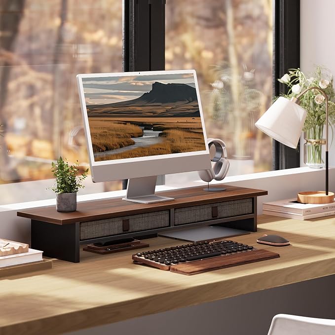Fenge 35 Inch Monitor Stand with Drawer Storage, Computer Riser for Desk | Wooden Computer Shelf, 2 Tiers, for Dual Monitor/Laptop/PC/TV/Printer up to 55Lbs, Home Office Desk Organizer - Image 9