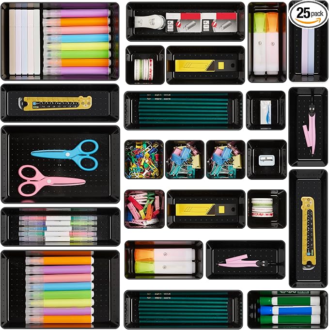 Vtopmart 25 Pack Plastic Drawer Organizers with Non-slip Rubber Pads | 4-Size Versatile Makeup Organizer, Storage Containers Small Bins for Makeup, Jewelries, Bedroom, Kitchen Utensils and Office by Vtopmart