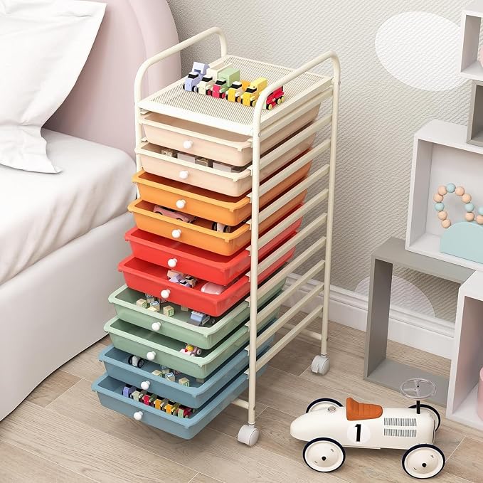 Storage Cart, Rolling Utility Cart with 10 Drawers, Portable Handles & Lockable Wheels, Mobile Paper Toys Storage Organizer Large Capacity for Home Office School Teacher (Macaron) - Image 5
