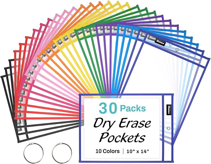 SUNEE 30 Packs Oversized Reusable Dry Erase Pocket Sleeves with 2 Rings, 10 Assorted Colors 10x14 Ticket Holders, Clear Plastic Sheet Protectors, Teacher School Classroom Supplies by SUNEE