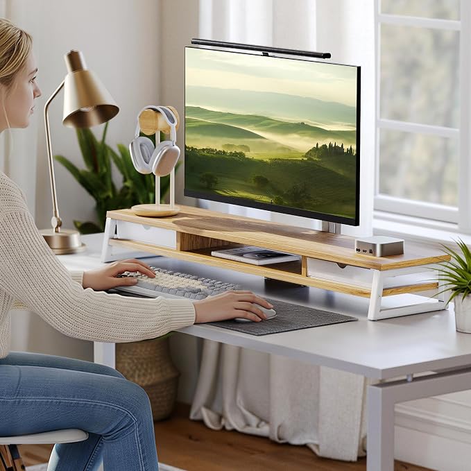 Fenge Dual Monitor Stand Riser, 42.5in Desk Shelf with 2 Drawers, Dark Oak | 2-Tier Monitor Shelf for Desk, Storage Drawer with Stopper, Frosted, fit Home Office, Ultrawide Screen, PC, Laptop, TV - Image 2
