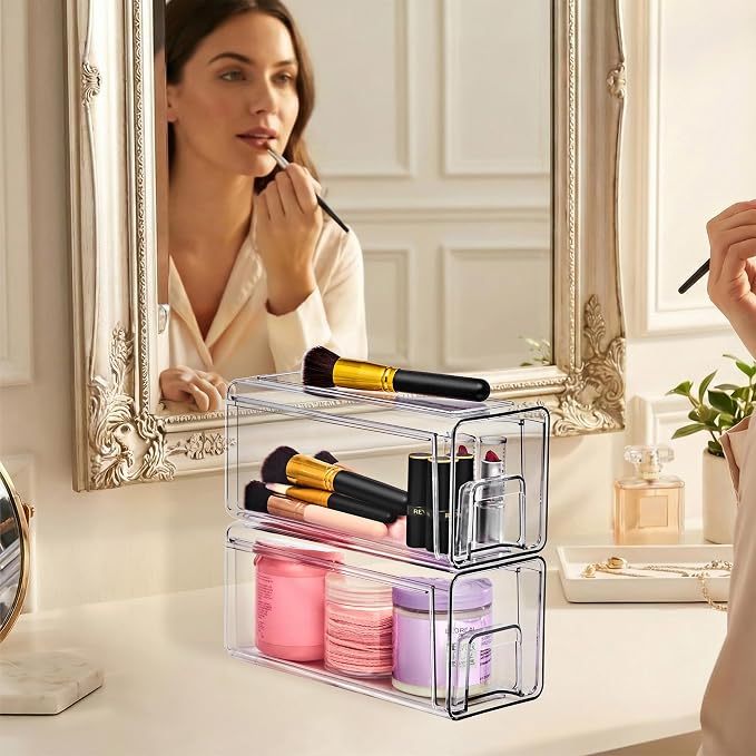 Sorbus Small Clear Stackable Storage Drawers 2-Pack Plastic Organizer Bins with Handles Pull-Out Drawers for Bathroom Closet, Medicine, Cabinet, Pantry Storage, Baby Bottle Organizer - Image 2