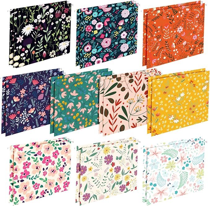 Qeeenar 20 Pcs Decorative Hanging File Folders Letter Size Cute File Folders Designer Floral File Folders Colored File Folder Organizer for Filing Cabinet Office Home with 1/5 Cut Adjustable Tabs by Qeeenar