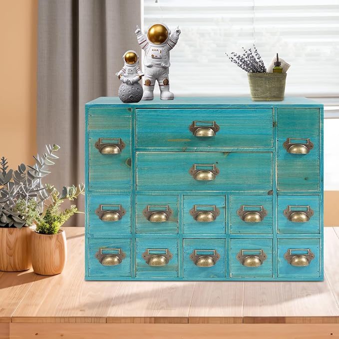 14-Drawer Apothecary Cabinet - Wooden Storage Box - Vintage Chest of Drawers - Multipurpose Tool Box - Desktop Drawer Organizer for Herb Storage, Apothecary Diaries, Tea Collection - Blue - Image 2