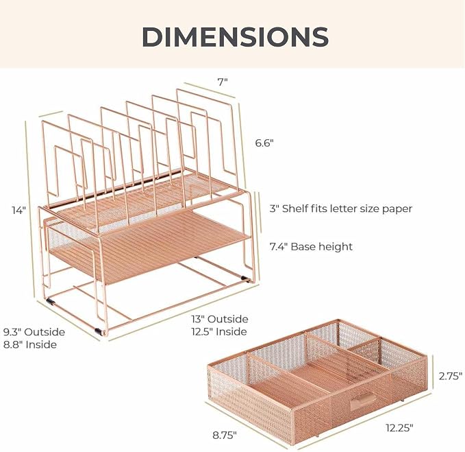 BLU MONACO | Rose Gold Desk Organizer with Drawer | Metal Desk Organizer with File Sorters and Storage Compartments | Office Desk Organizer for Paper Folders and Supplies - Image 7