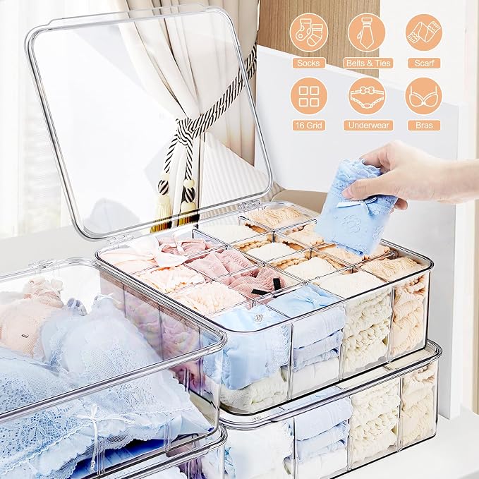 Sock Underwear Organizer, 16 Compartment Adjustable Dividers Tie Socks Underwear Drawer Organizers for Closet, Clear Plastic Storage Containers Box with Lids for Ties Scarf Socks Bras - Image 7