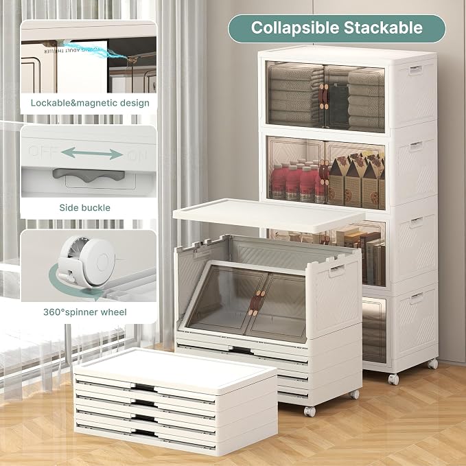 448QT Lockable Storage Bins with Lids - Stackable Storage Cabinet with Doors and Wheels, Collapsible Plastic Organizer and Containers for Bedroom Dorm Office Garage, 4 Pack Cubes | Stackable Organizer with Doors & Wheels, Foldable Containers for Bedroo... - Image 3