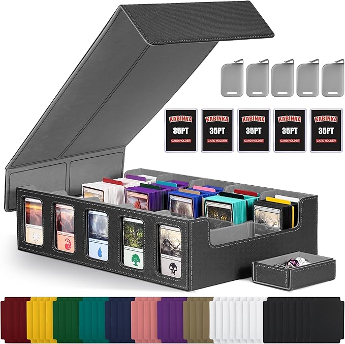Kabinka Trading Card Storage Box with Commander Display, 5-Row Deck Case with Removable Lid; 3900+ Card Organizer for MTG TCG PTCG Sports Card, Top Loaders Storage Box (Black) by Kabinka