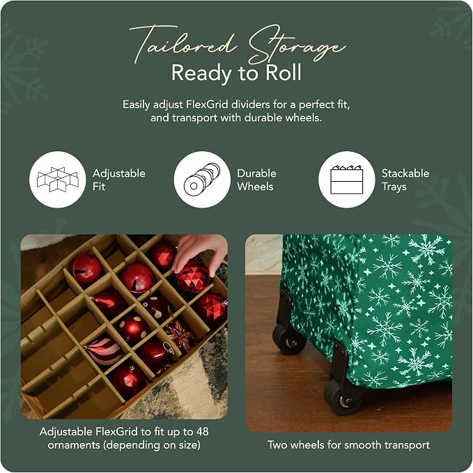 Covermates Keepsakes Rolling Adjustable Ornament Storage Bag – Heavy-Duty Polyester, FlexGrid Trays & Padded Dividers – Protective Holiday Organizer with Wheels, Handles & ID Window, Green Snowflake - Image 5
