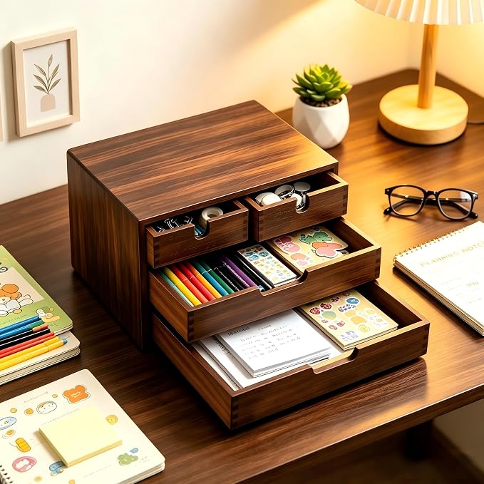 Bamboo Desk Organizer, 100% Natural Bamboo Desktop Drawer Organizer, Dark Brown Tabletop Storage Cabinet Organization Box with 4 Drawer for Makeup, Letter, Home, 3 Layer, Fully Assemble - Image 6