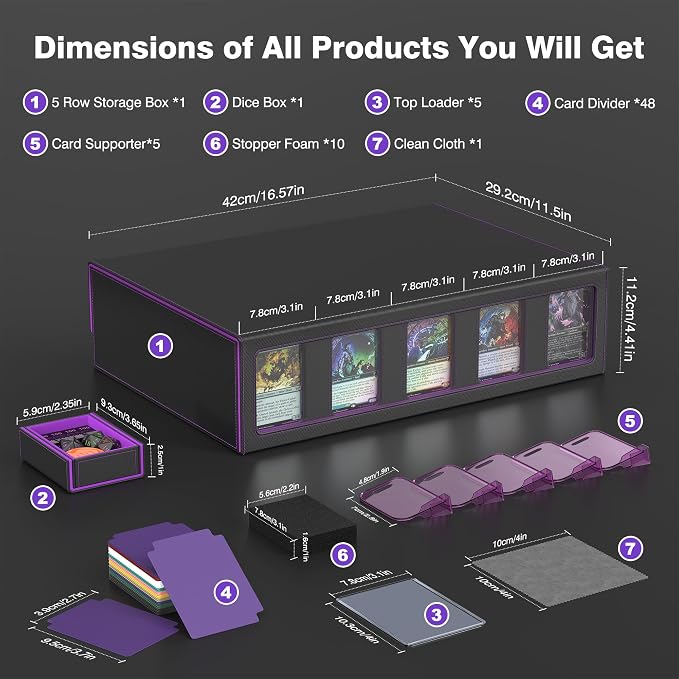 Kabinka Trading Card Storage Box with Handle & Mechanical Latch,5-Row 3900+ Commander MTG Card Case with Sealed Window,Top Loaders Organizer Deck Box for MTG/TCG/PTCG/Sports Cards (Black Purple) - Image 4