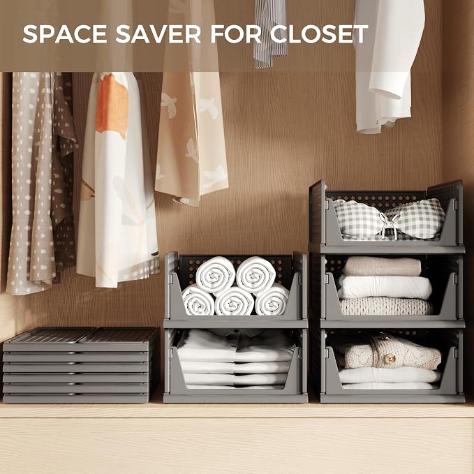 6 Pack Closet Organizer Storage Bins Stackable Plastic Drawer Shelf | Basket for Clothing Stackable Storage Bins Shelf Storage Container for Closet Wardrobe Bedroom Bathroom Office Black Foldable - Image 3