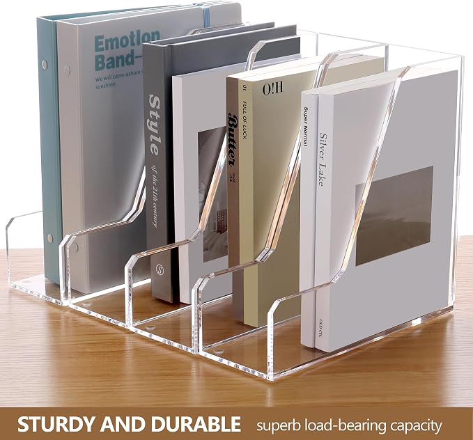 SANRUI 2 Pack Acrylic Magazine File Holder, Clear Vertical Desk Organizer | File Sorter Folder Organizer Document Rack for Office Desktop, Home Workspace, 8.66inx8.46inx3.15in - Image 3