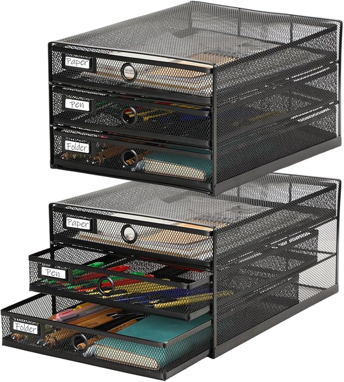 Zhanmai 1 Pack Black Desk Organizer with Drawer Total Wire Mesh Storage Tray Multifunctional Paper Sorter File Stand for Home Office Supplies Letter A4 Paper Office Accessories Back to School (3 Tier) by Zhanmai