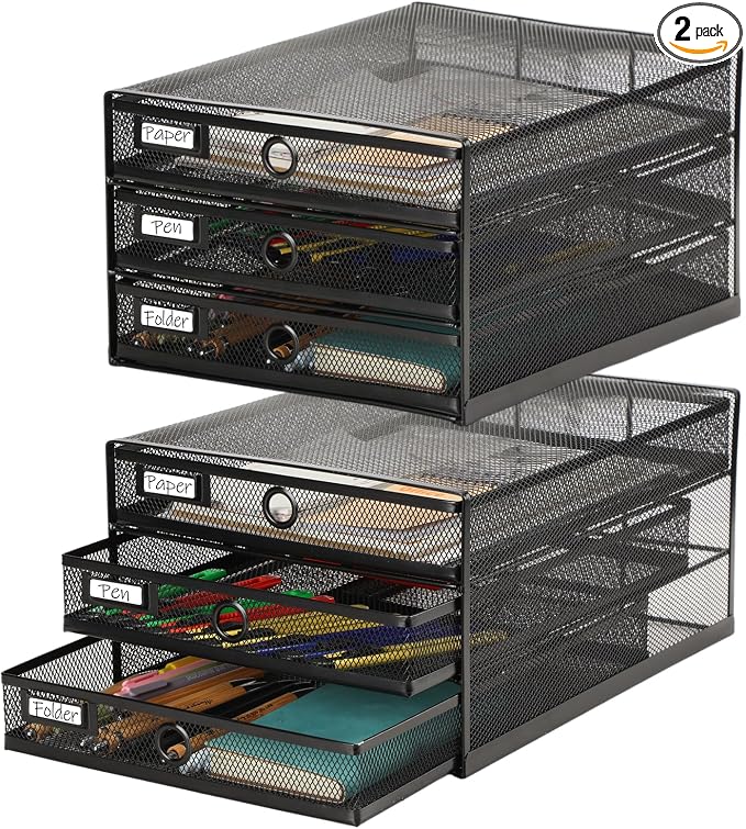 Zhanmai 2 Pack Black Desk Organizer with Drawer Total Wire Mesh Storage Tray Multifunctional Paper Sorter File Stand for Home Office Supplies Letter A4 Paper Office Accessories Back to School (3 Tier) by Zhanmai