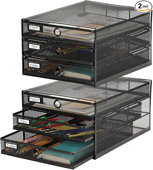 Zhanmai 2 Pack Black Desk Organizer with Drawer Total Wire Mesh Storage Tray Multifunctional Paper Sorter File Stand for Home Office Supplies Letter A4 Paper Office Accessories Back to School (3 Tier) by Zhanmai