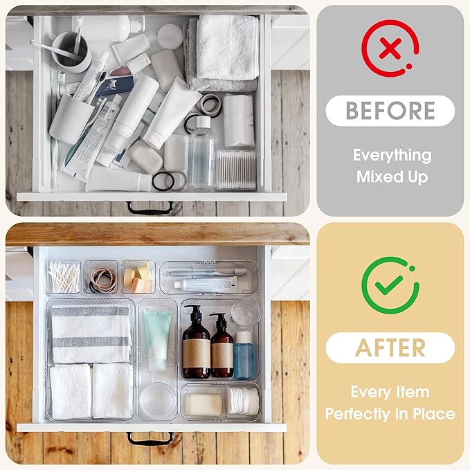 Aneco 25 Pieces Extendable Clear Drawer Organizer Adjustable Vanity Storage Box 4-Size Desk Drawer Divider Acrylic Storage Bins for Makeup, Cosmetic, Jewelries, Bedroom Kitchen Utensils Gadgets - Image 4