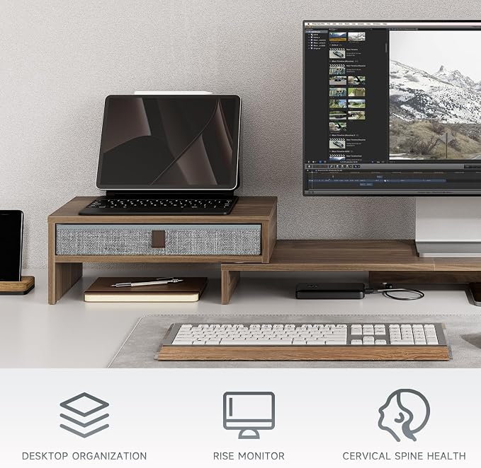 Fenge Triple Monitor Stand with Srorage Drawer, Adjustable Length and Angle | Computer Monitor Riser for 2 or 3 Monitors, Wooden Desktop Laptop Stand, Office Organizer for PC, Screen, Tablet, Brown - Image 2