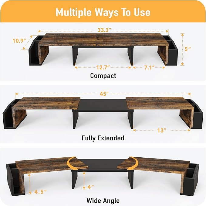 Simple Houseware Desk Dual Monitor Stand Riser with Drawer, Rustic Brown | Customizable Organizer Tray, Built-In Phone & Tablet Slot and Side Storage - Image 3