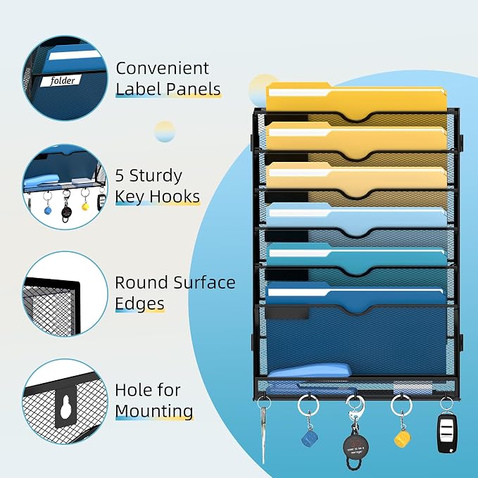 7-Tier Hanging Wall File Organizer with Hooks for Office Organization | Mesh Wall File Holder, Mail Organizer Wall Mounted for Papers, Documents, Folders and Magazines in Home Office, Classroom - Image 5