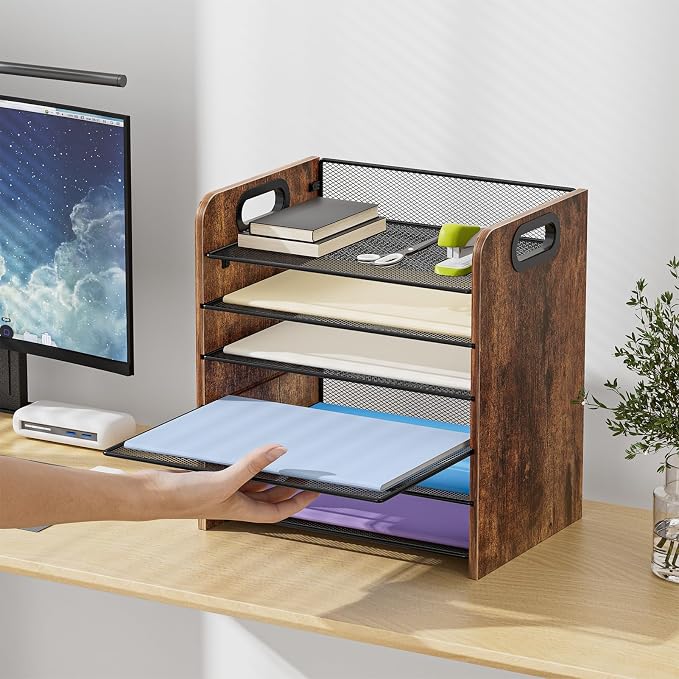 Marbrasse 6 Tier Paper Organizer Letter Tray - Wooden Desk File Organizer with Handle, Paper Sorter Organizer for Letter/A4 Office File Folder Holder - Image 3