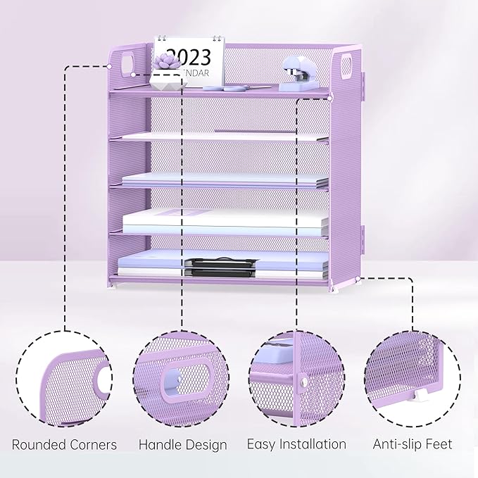 5 Trays Paper Organizer Letter Tray with Handle-Mesh Desk File Holders, Paper Sorter Desk Organizer for Office, Home, Classeoom or School, Purple - Image 3