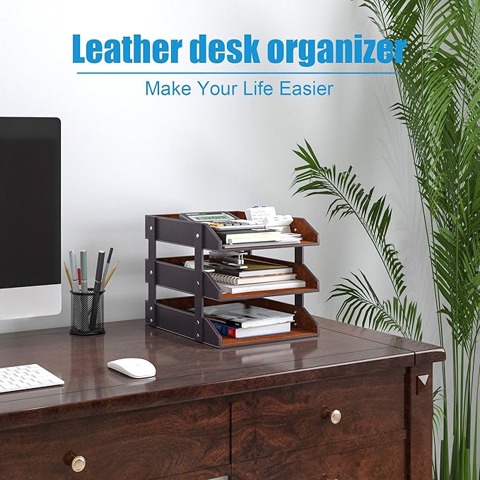3 Tier Leather Magazine File Holder, Thipoten Paper Tray Organizer Desk Document File Organizer (Brown) - Image 5