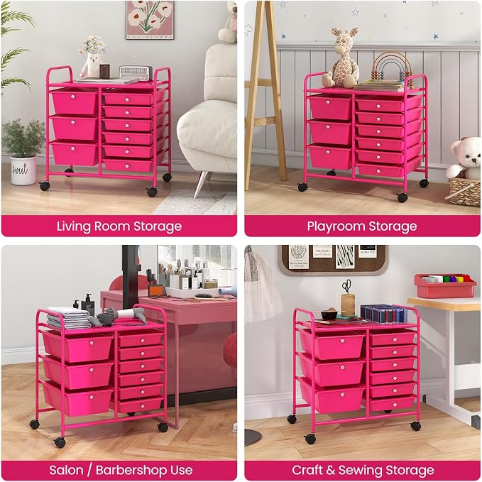 COSTWAY Rolling Storage Cart with 9 Drawer, Utility Cart with Metal Frame | Mobile Art Supply Craft Organizer, Multipurpose Storage Organizer for Paper, Office, School Teacher, Classroom, Hot Pink - Image 8