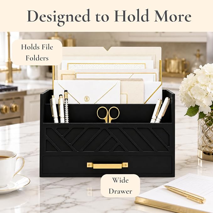 BLU MONACO | Wooden Mail Organizer with Drawer and Gold Handle | Mail Sorter Organizer Countertop for Desk | Outgoing Mail Holder and Letter Sorter for Desk Storage - Image 4