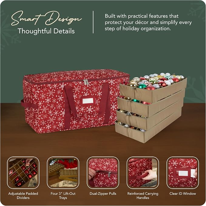Covermates Keepsakes Adjustable Ornament Storage Bag – Heavy-Duty Polyester, Padded Dividers & FlexGrid Trays – Protective Holiday Ornament Organizer with Handles & Label Window, Red Snowflake - Image 4