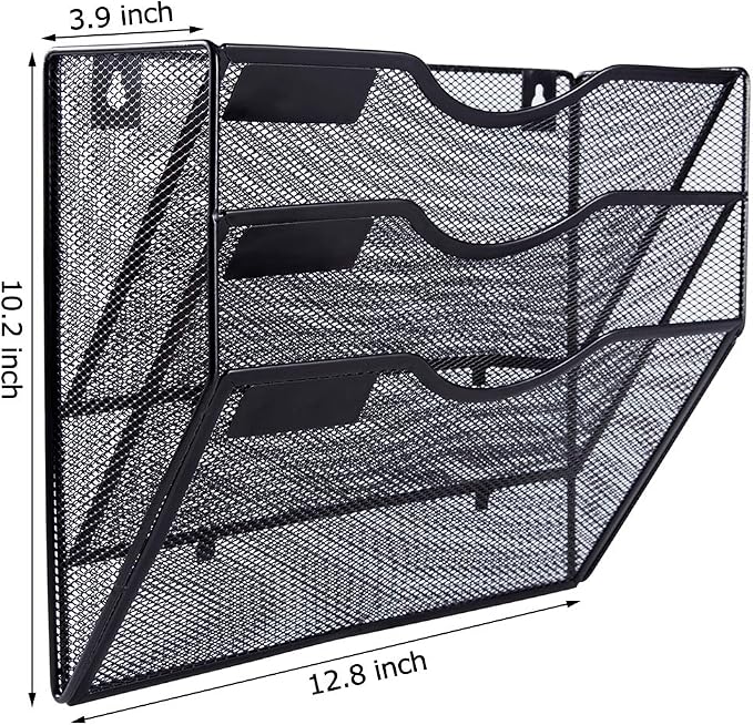 3 Pocket Mesh Hanging Wall File Organizer, Wall Mounted Mail Paper Document Folder Holder, Clipboard Storage Organization Magazine Rack with Nametag Label for Office Home School, Black - Image 2
