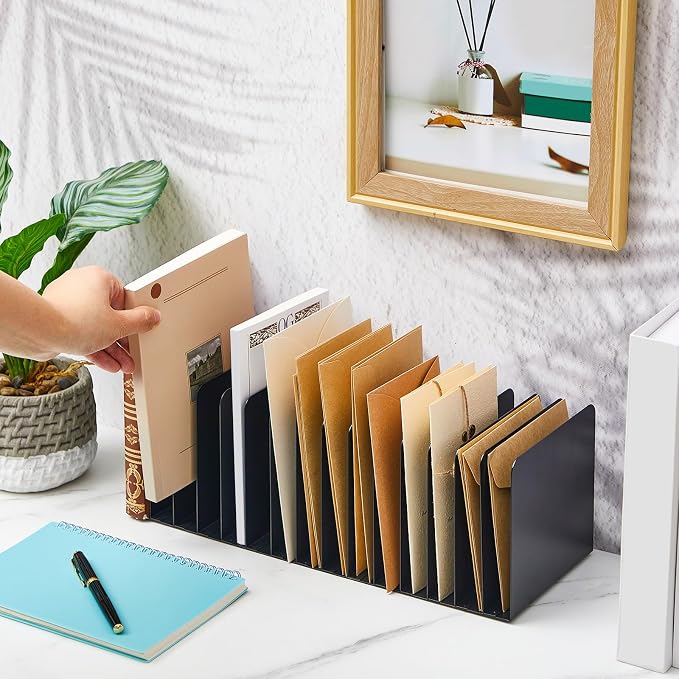Suzile 2 Pcs Vertical Metal Desk File Organizer, 15 Compartments Desktop Document Sorter & Mail Holder for Office Home Classroom, 15.75 l x 5.79 W x 5.41 H, Black - Image 3