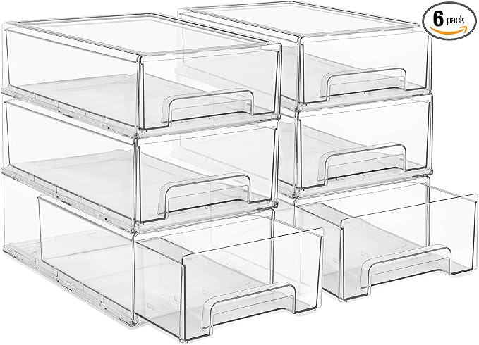 Sorbus Medium Clear Stackable Storage Drawers – 6-Pack Plastic Organizer Bins with Handles – Stackable Pull-Out Storage Drawers for Closet, Pantry, Office, Bathroom, Craft, and Toy Organization by Sorbus
