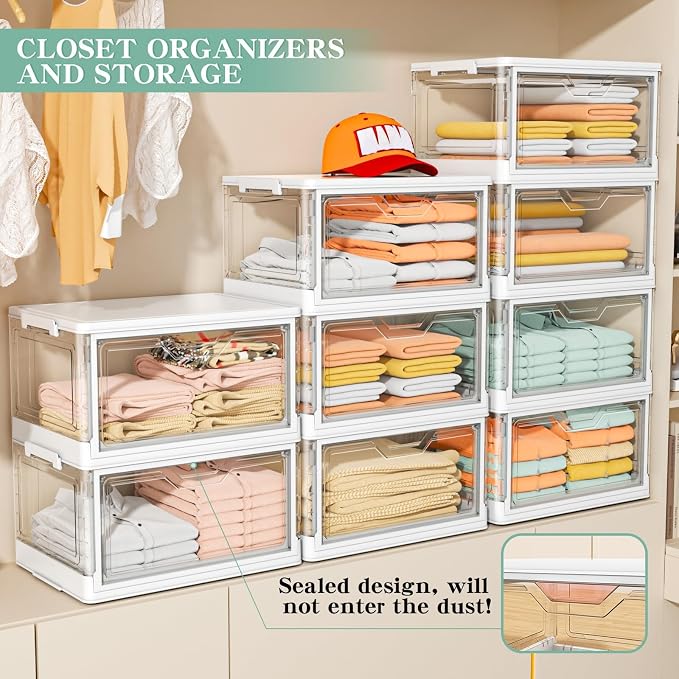 Kmiectse Clear Storage Bins with Lids - 4 Tier 23qt Plastic Stackable Bins | Closet Organizers Box for Bedroom, Living Room, 23 QT Folding Box with Magnetic door - Image 4
