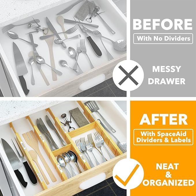 SpaceAid Bamboo Drawer Dividers with Inserts and Labels, Kitchen Adjustable Drawer Organizers, Expandable Organization for Home, Office, Dressers and Bathroom, 6 Dividers with 12 Inserts (17-22 in) - Image 5