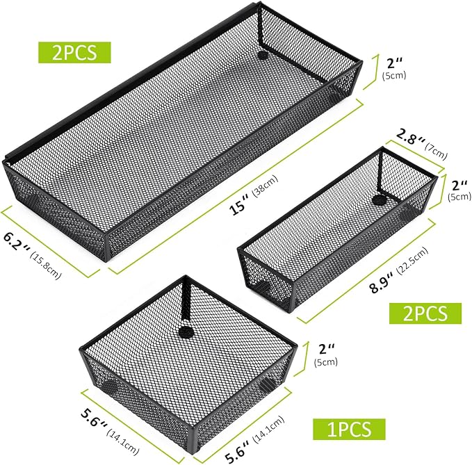 Neudeco Drawer Organizer, Black, 5 Pack, 15x6.2x2 inches | Metal Mesh Silverware Tray, Interlocking Design, 5 Compartment, For Kitchen Utensils - Image 2