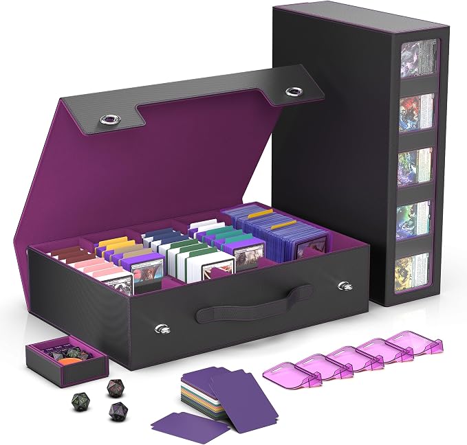Kabinka Trading Card Storage Box with Handle & Mechanical Latch,5-Row 3900+ Commander MTG Card Case with Sealed Window,Top Loaders Organizer Deck Box for MTG/TCG/PTCG/Sports Cards (Black Purple) by Kabinka