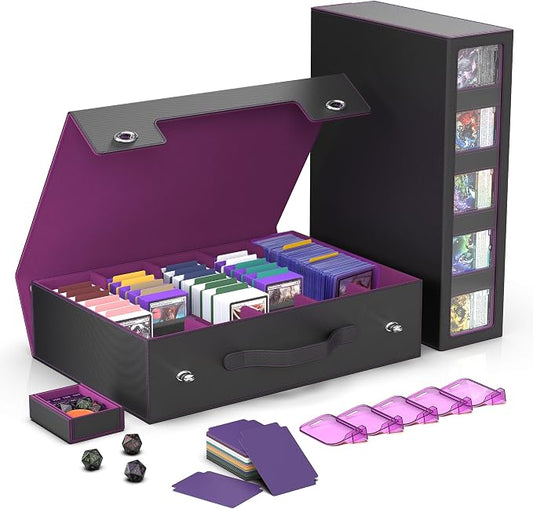 Kabinka Trading Card Storage Box with Handle & Mechanical Latch,5-Row 3900+ Commander MTG Card Case with Sealed Window,Top Loaders Organizer Deck Box for MTG/TCG/PTCG/Sports Cards (Black Purple) by Kabinka