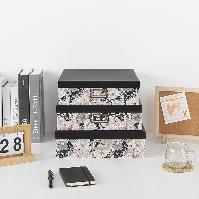 Soul & Lane - Floral Jumbo Scrapbook Storage Boxes with Lids, Set of 3 | Extra Large Decorative Storage Box Set for Photos, Papers and Keepsakes, Picture and Letter Document Organizers for Memories - Image 2