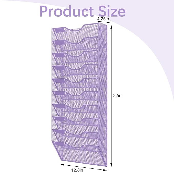 EasyPAG 10 Pocket Mesh Wall File Organizer, Hanging Paper Folder Holder with Classify Label, Vertical Wall Mount Mail Organizer for Office Home Classroom, Purple - Image 9