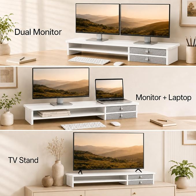 Dual Monitor Stand, 42.5 Inch Wood Monitor Riser with Drawers, 2 Tier Desktop Organizer for Computer Laptop TV, Large Screen Stand for Home Office Desk - Image 6
