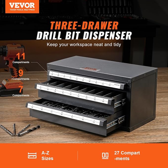 VEVOR Drill Bit Dispenser Cabinet, Three-Drawer Drill Bit Dispenser, Drill Bit Organizer Cabinet Cold Rolled Steel, 27-Compartment Drill Dispenser Organizer Cabinet Holder for Letter Sizes A to Z - Image 4