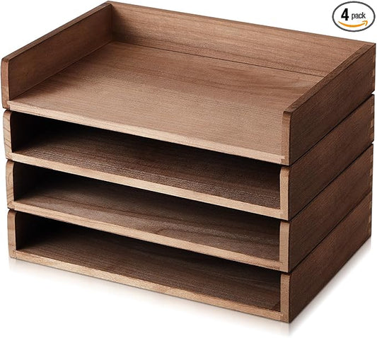Yeaqee 4 Pcs Stackable Paper Organizer Tray Wood Desk Organizer Letter Tray Desktop Letter Size Office Wooden Desk Shelf Paper Holder Folder Organization Rack for Mail File Document(Dark Wood Color) by Yeaqee