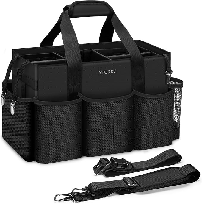 Ytonet Extra Large Cleaning Caddy for Cleaning Supplies, Housekeeping Tote | Wearable Cleaning Caddy Bag with Adjustable Shoulder Straps and Waist Strap, Professional Cleaning Bag for Housekeeper, Black by YTONET