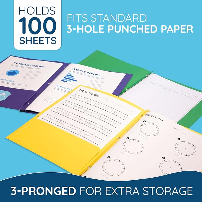 Blue Summit Supplies 100 Paper 2 Pocket Folders with Prongs, Assorted | Durable paper, 2 pockets, for school, office, and report presentation use - Image 3
