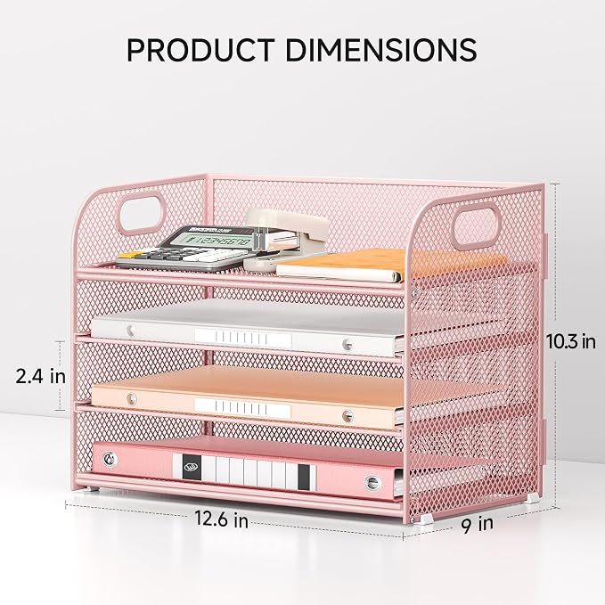 4-Tier Paper Organizer for Desk With Handle, Mesh Desktop File Tray, Office Classroom Organization and Storage - Pink - Image 2